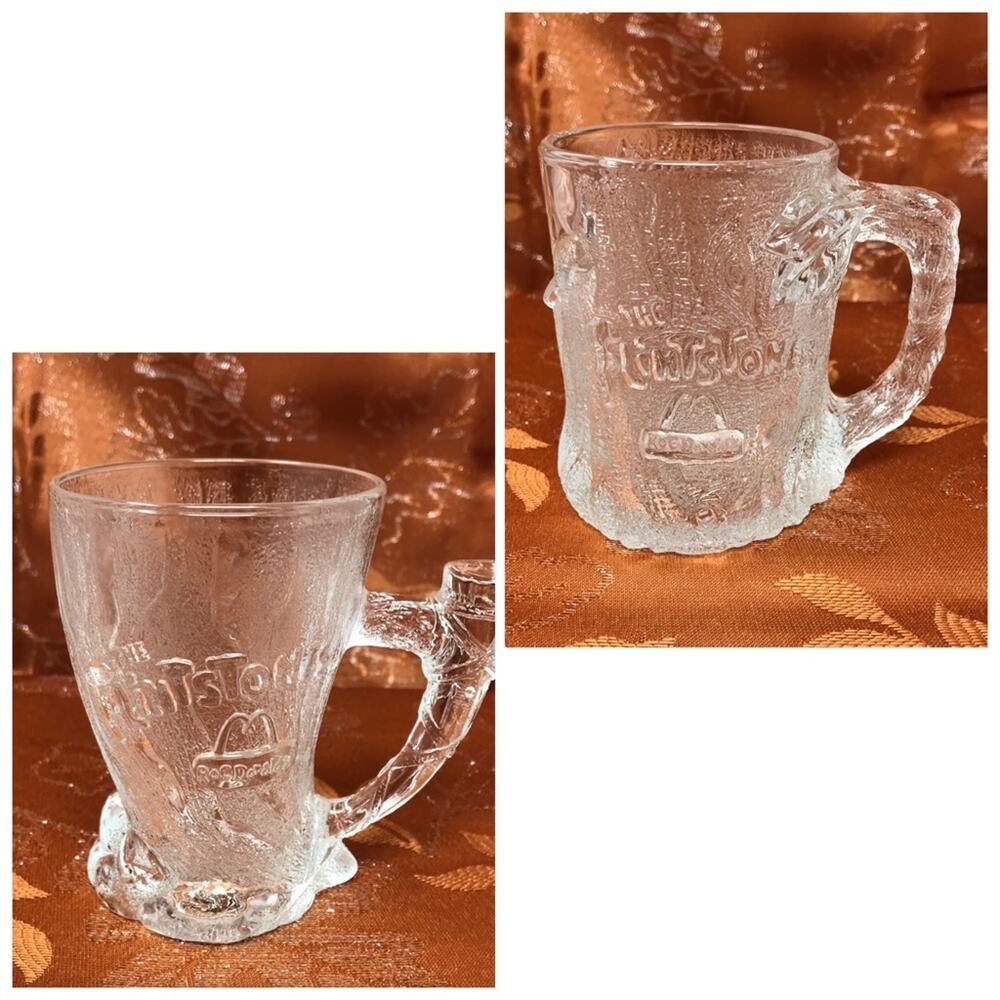 Flintstones 1993 Vintage Frosted Glass Mugs TreeMendous & Mammoth McDonalds